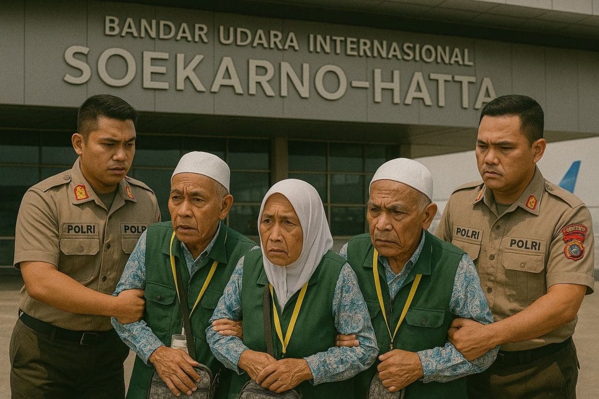 Foto : Ilustrasi Jemaah Haji Sendal Jepit yang berhasil digagalkan  (dok.old.voiceindonesia.co/ChatGPT)